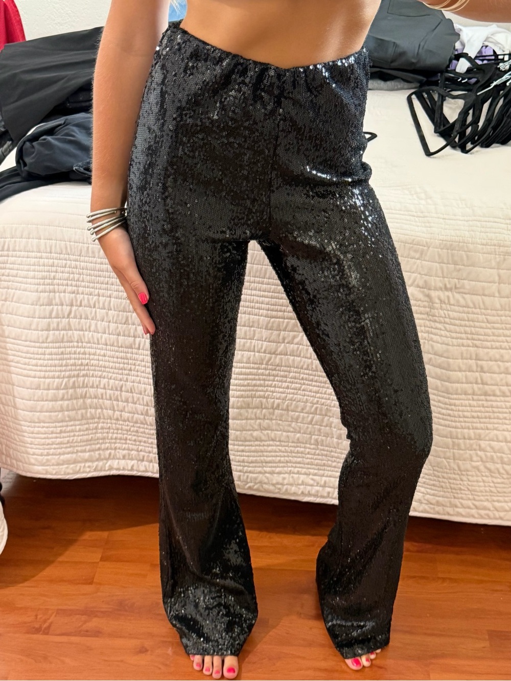 Zara Black Sequin Boot-Cut Pants